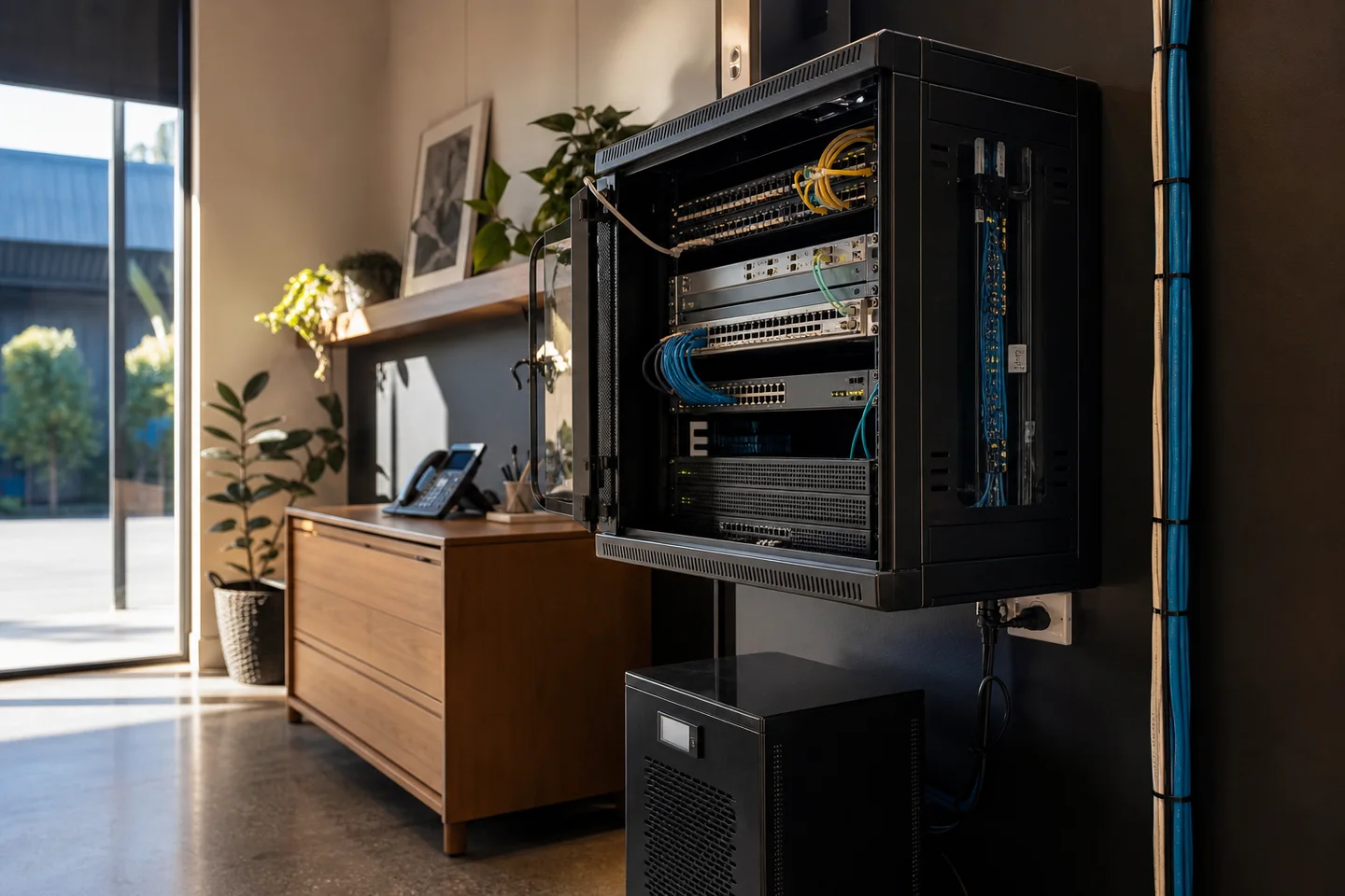 Neatly installed business network, fibre cabling, phone and power backup equipment