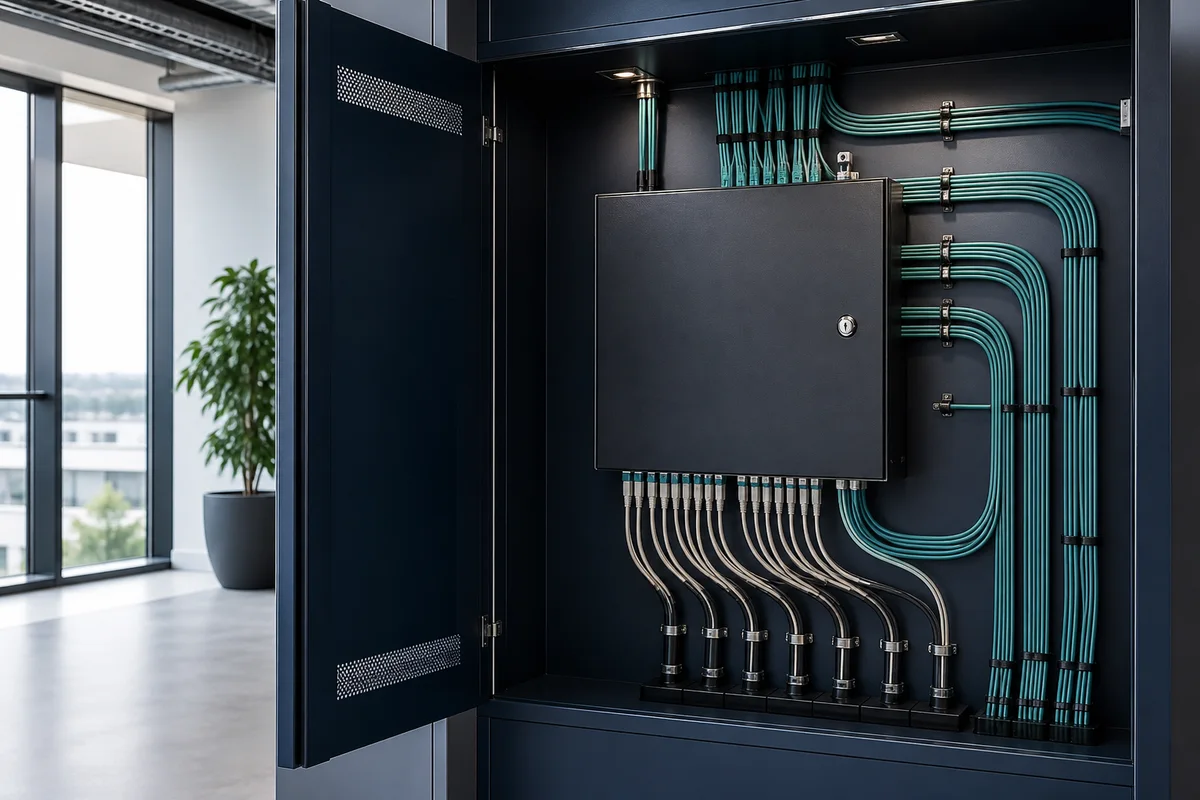 Secure fibre distribution cabinet with neatly separated cabling in a modern building